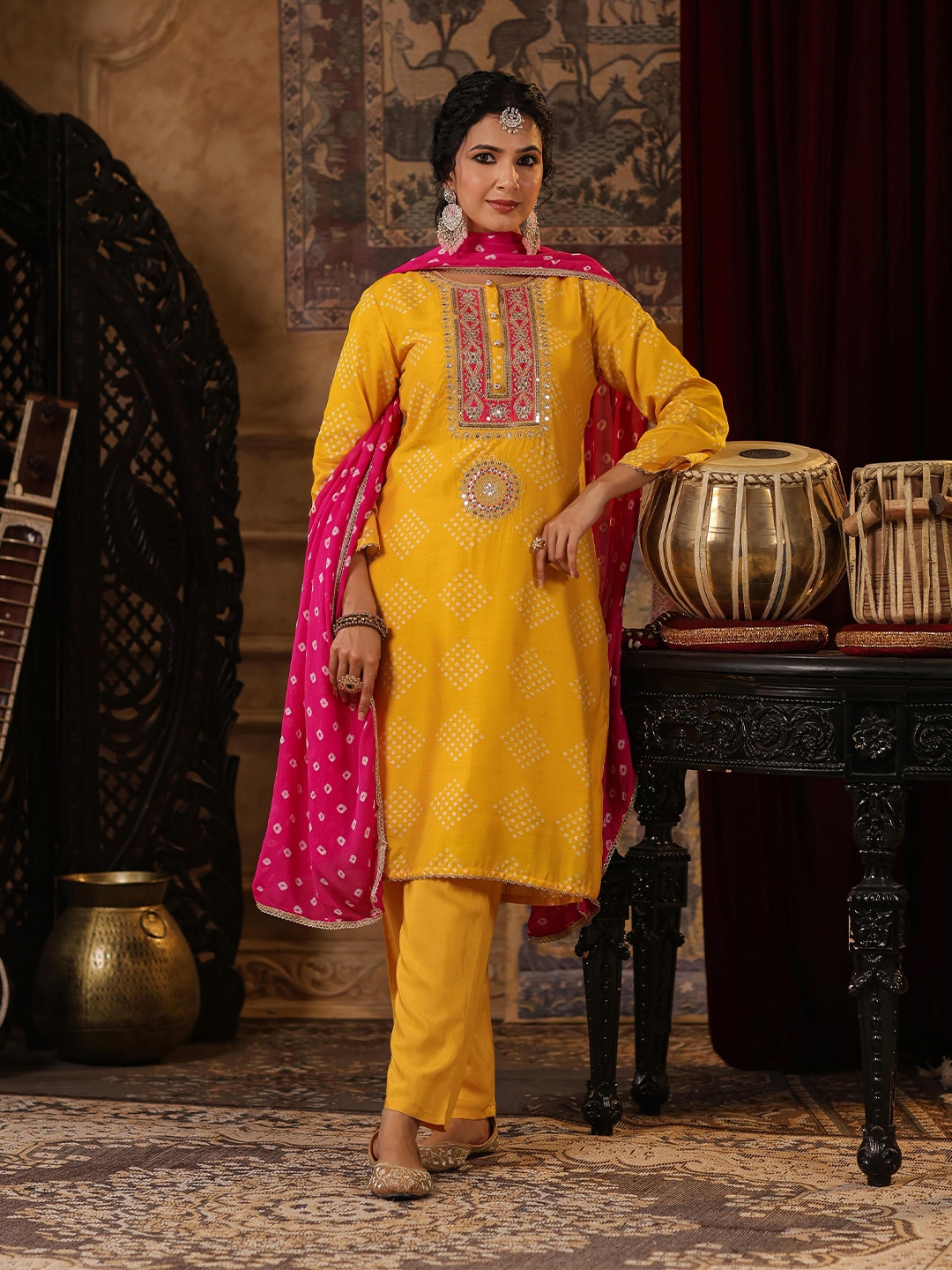 

SCAKHI Bandhani Printed Sequinned Kurta with Trousers & Dupatta, Mustard