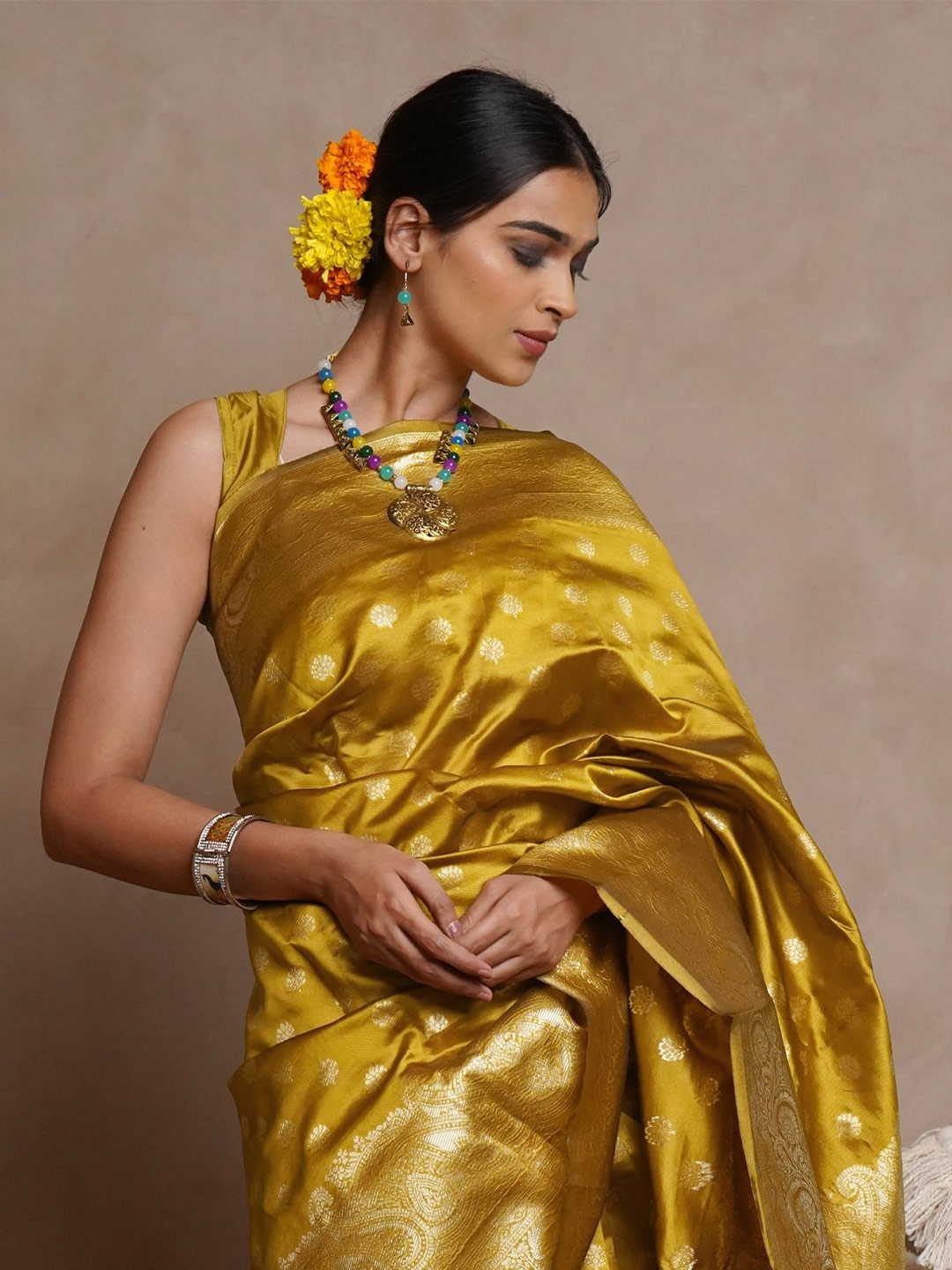

Subham Woven Design Traditional Banarasi Saree With Zari, Mustard