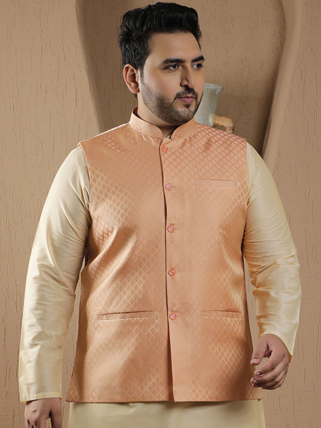 

Sztori Woven Design Nehru Jackets, Peach