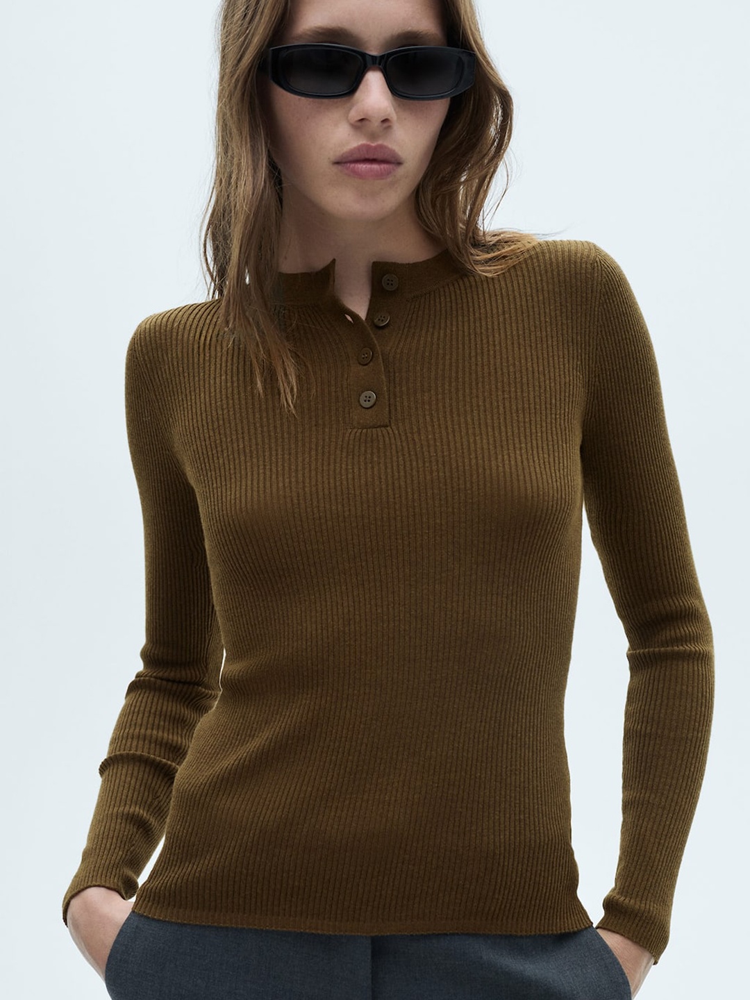 

MANGO Women Ribbed Pullover, Olive