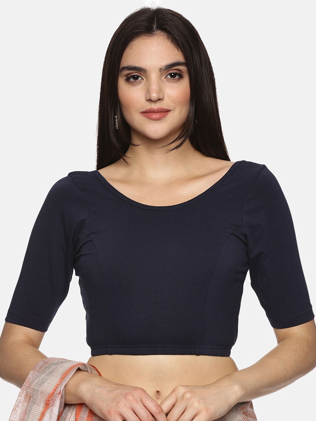 

NOT YET by us Printed Non-Padded Stretchable Saree Blouse, Navy blue