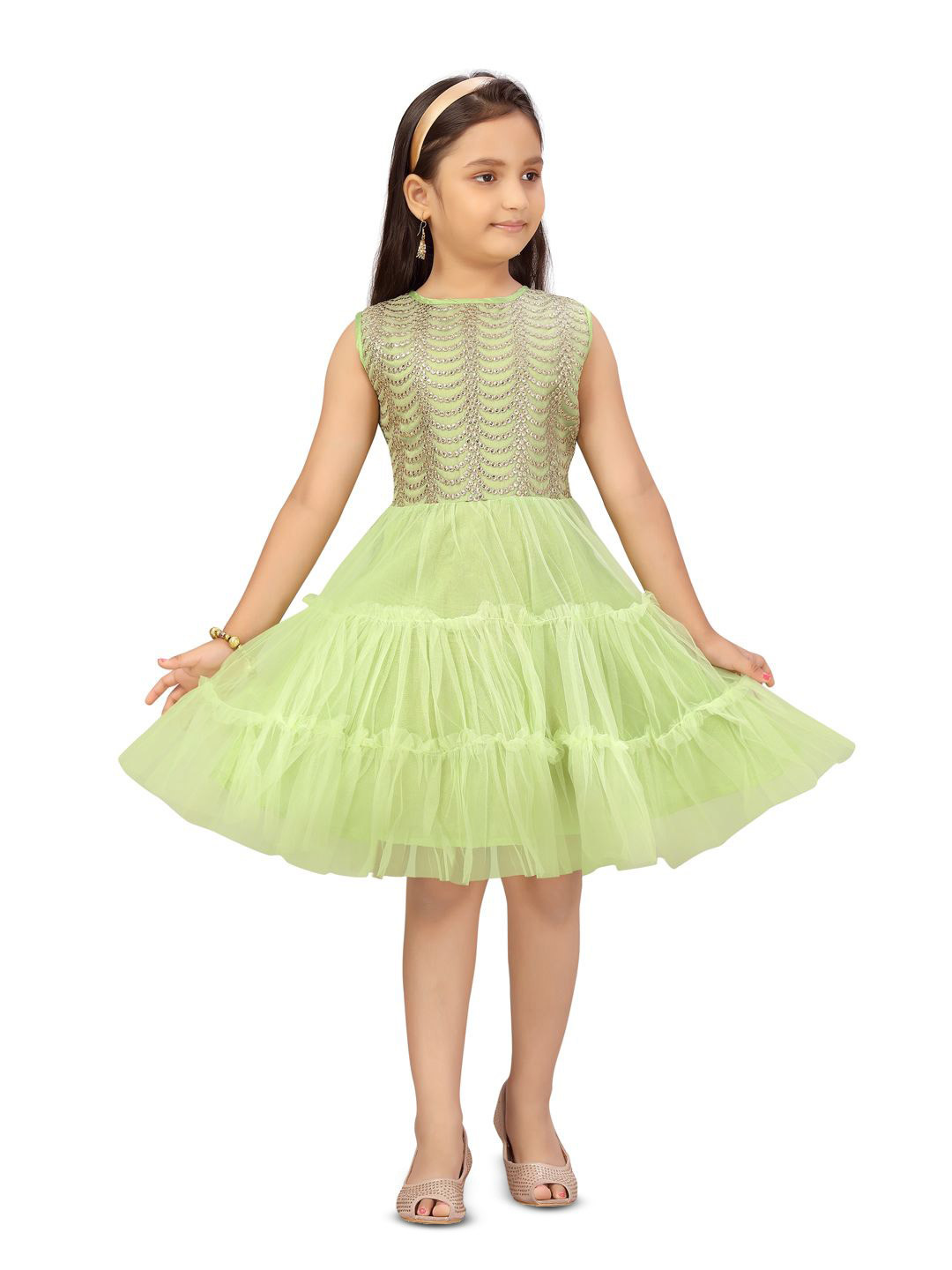 

BAESD Girl Solid Self Design Round Neck Sleeveless Gathered or Pleated Fit & Flare Dress, Sea green