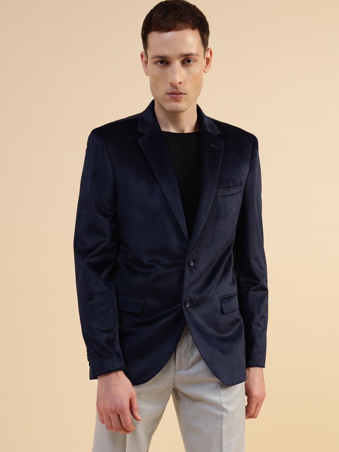 

Givo Smart Fit Notched Lapel Corduroy Single-Breasted Formal Blazer, Blue
