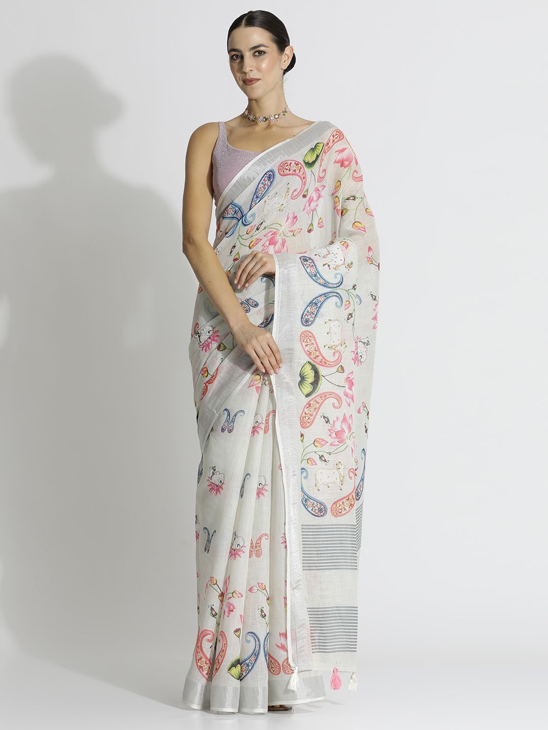 

Jaipur Kurti Tie and Dye Pure Linen Designer Saree, White
