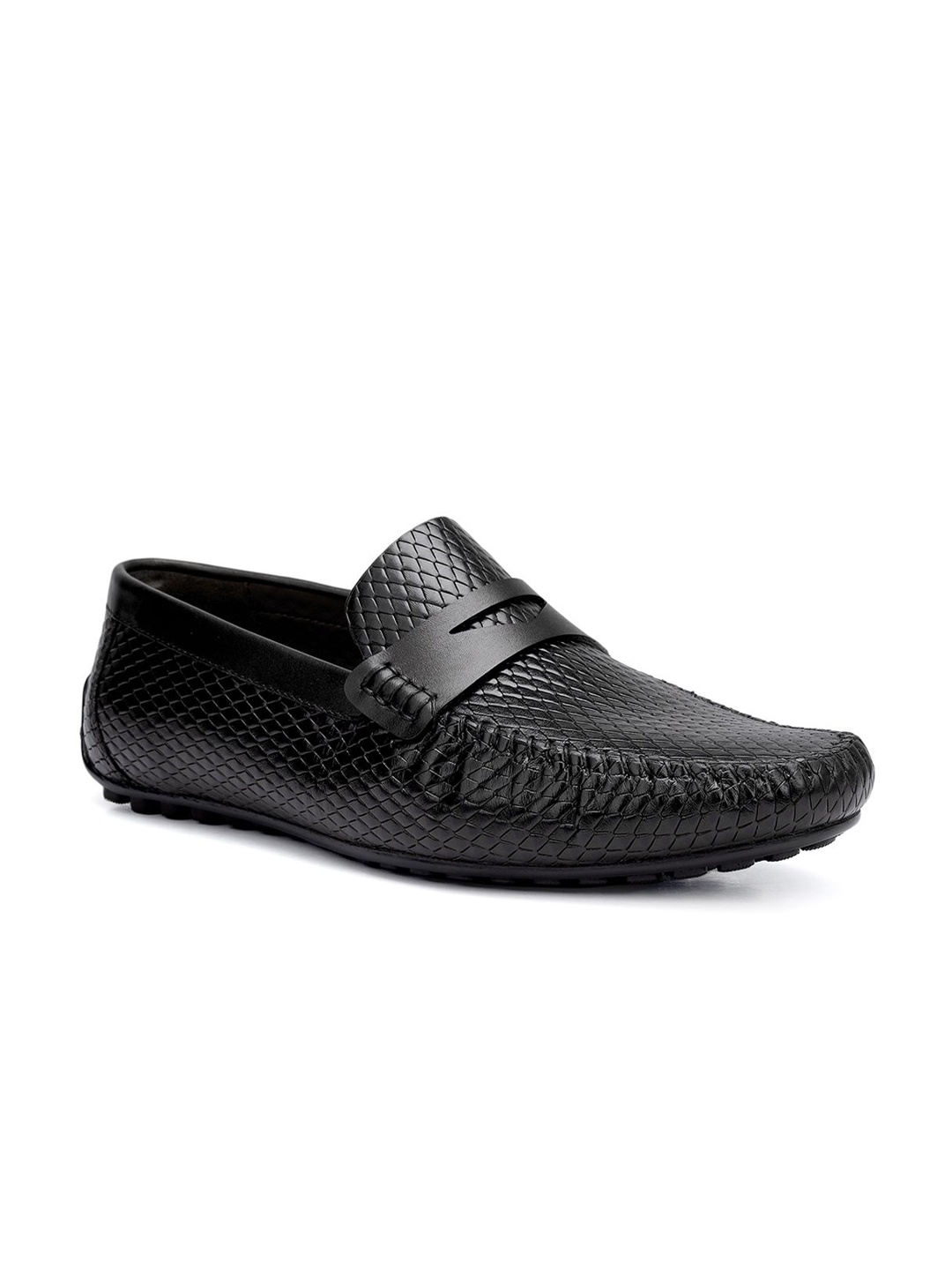 

ROSSO BRUNELLO Men Textured Round Toe Leather Formal Loafers, Black