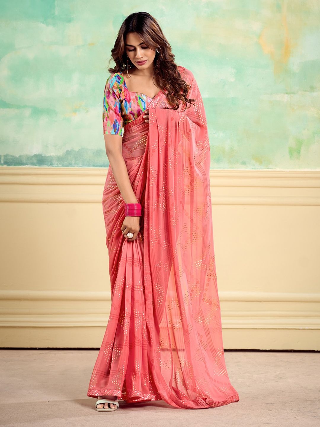 

Mitera Embellished Poly Georgette Saree With Unstitched Blouse Piece, Pink