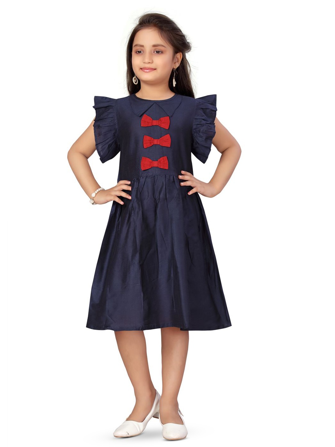 

BAESD Girls Flutter Sleeve Bow Detail Fit & Flare Dress, Navy blue