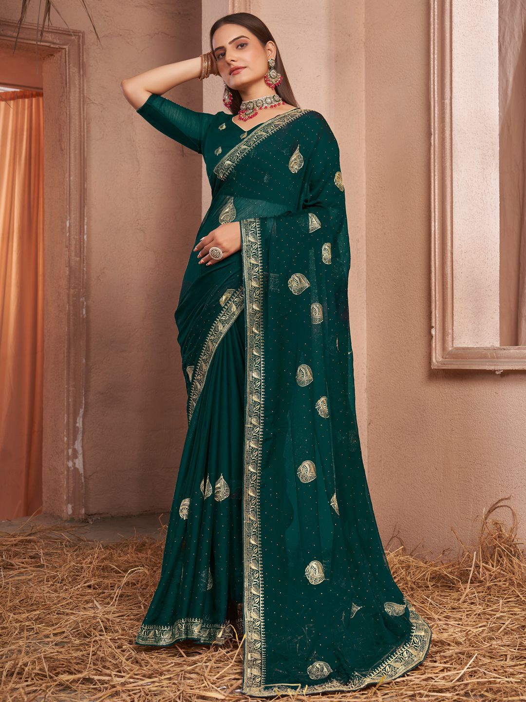 

Mitera Embellished Embroidered Designer Saree, Green