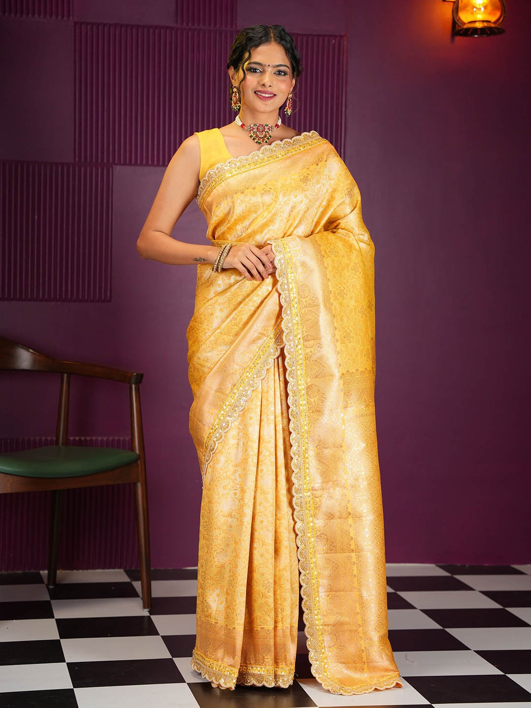 

MIMOSA Floral Embroidered Art Silk Banarasi Saree, Mustard