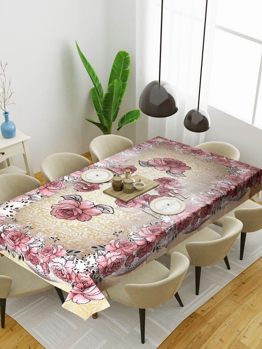 

LooMantha Yellow & Pink Floral Waterproof 6-Seater Table Cover