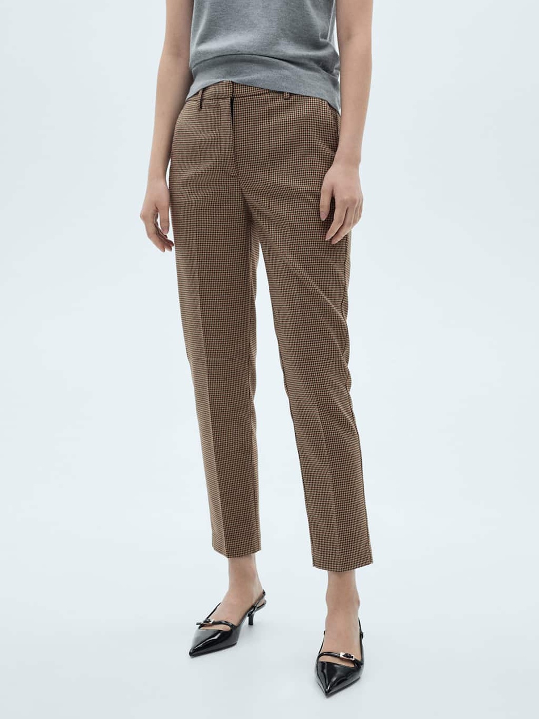 

MANGO Women Slim-Fit Checked Trousers, Beige