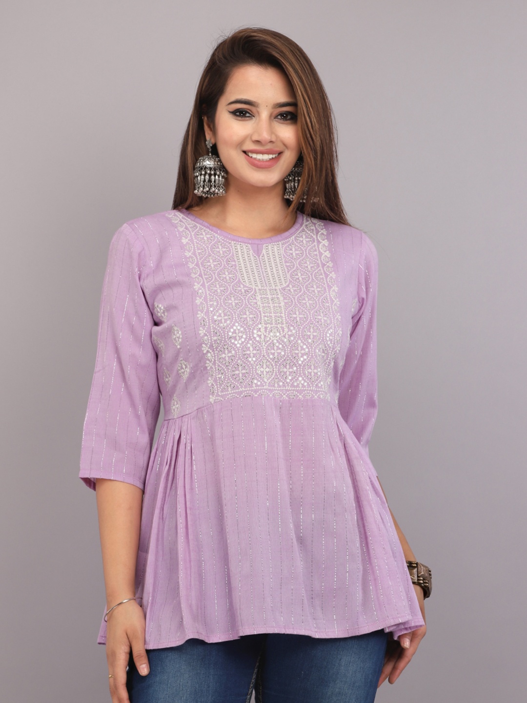 

Mehsoos Women Floral Embroidered Round Neck Cotton Top, Purple
