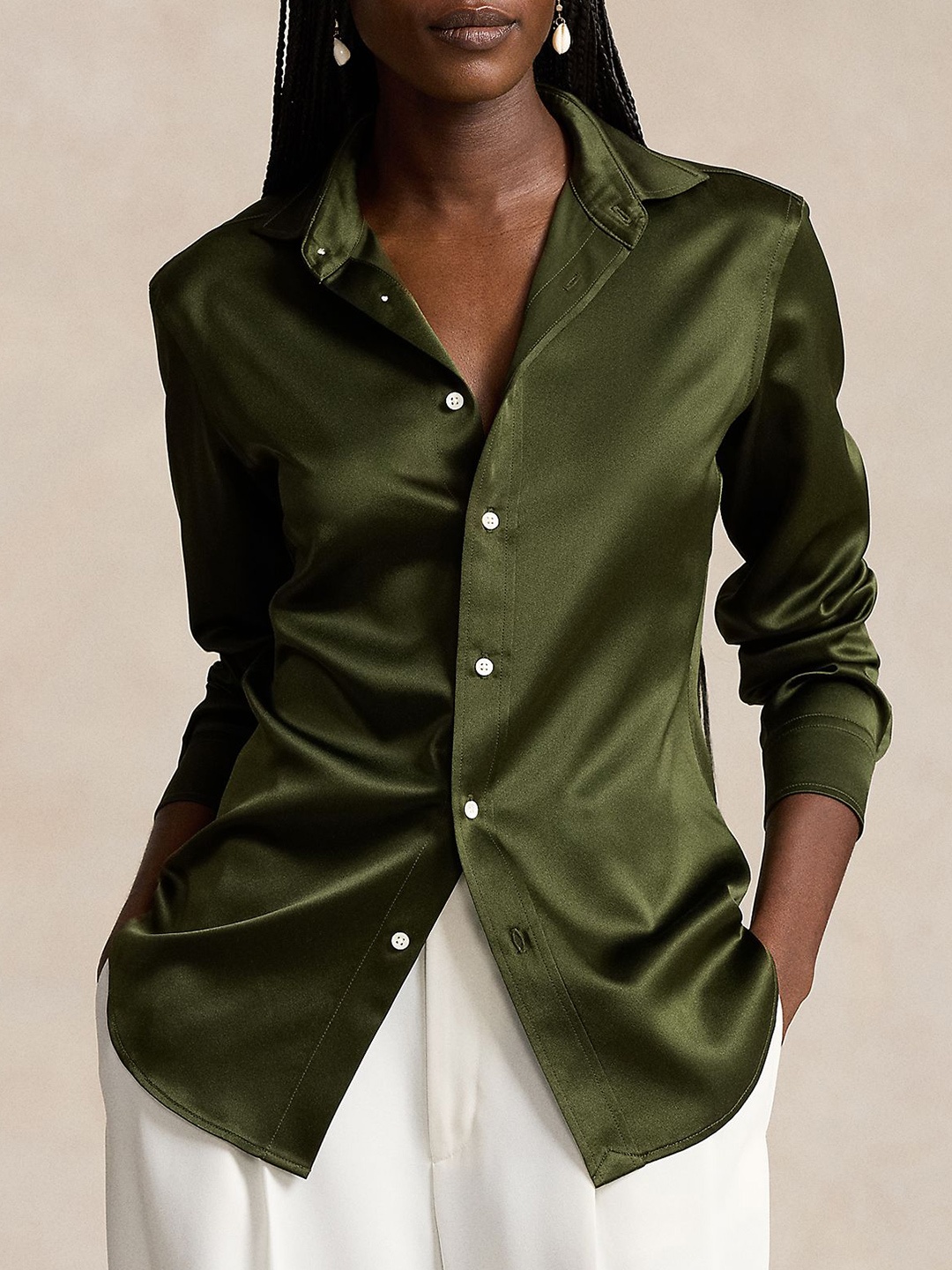 

Polo Ralph Lauren Women Spread Collar Solid Silk Slim Fit Casual Shirt, Green