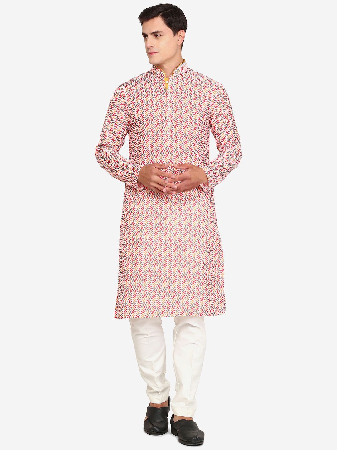 

THE KURTA COMPANY Men Geometric Chikankari Kurta, Off white