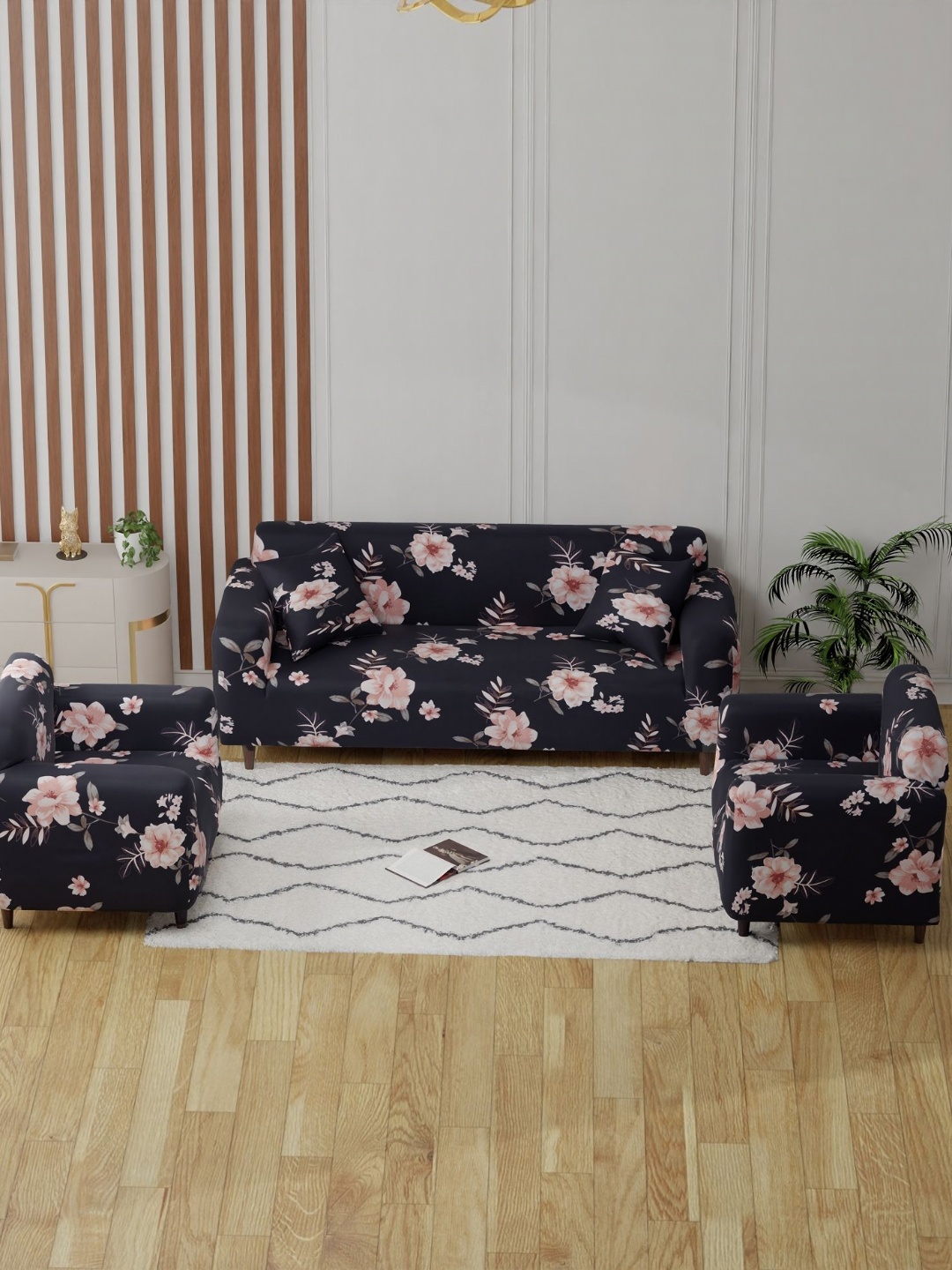 

Aura Blue & Pink 3 Pieces Floral Printed 5 Seater Sofa Covers With Arms