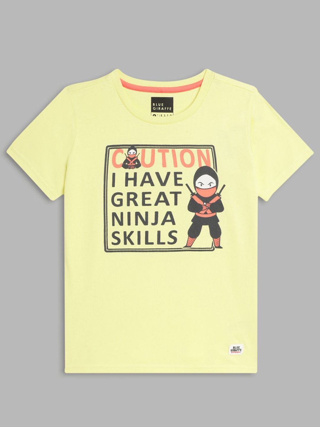 

Blue Giraffe Boys Graphic Printed Round Neck Cotton T-shirt, Yellow