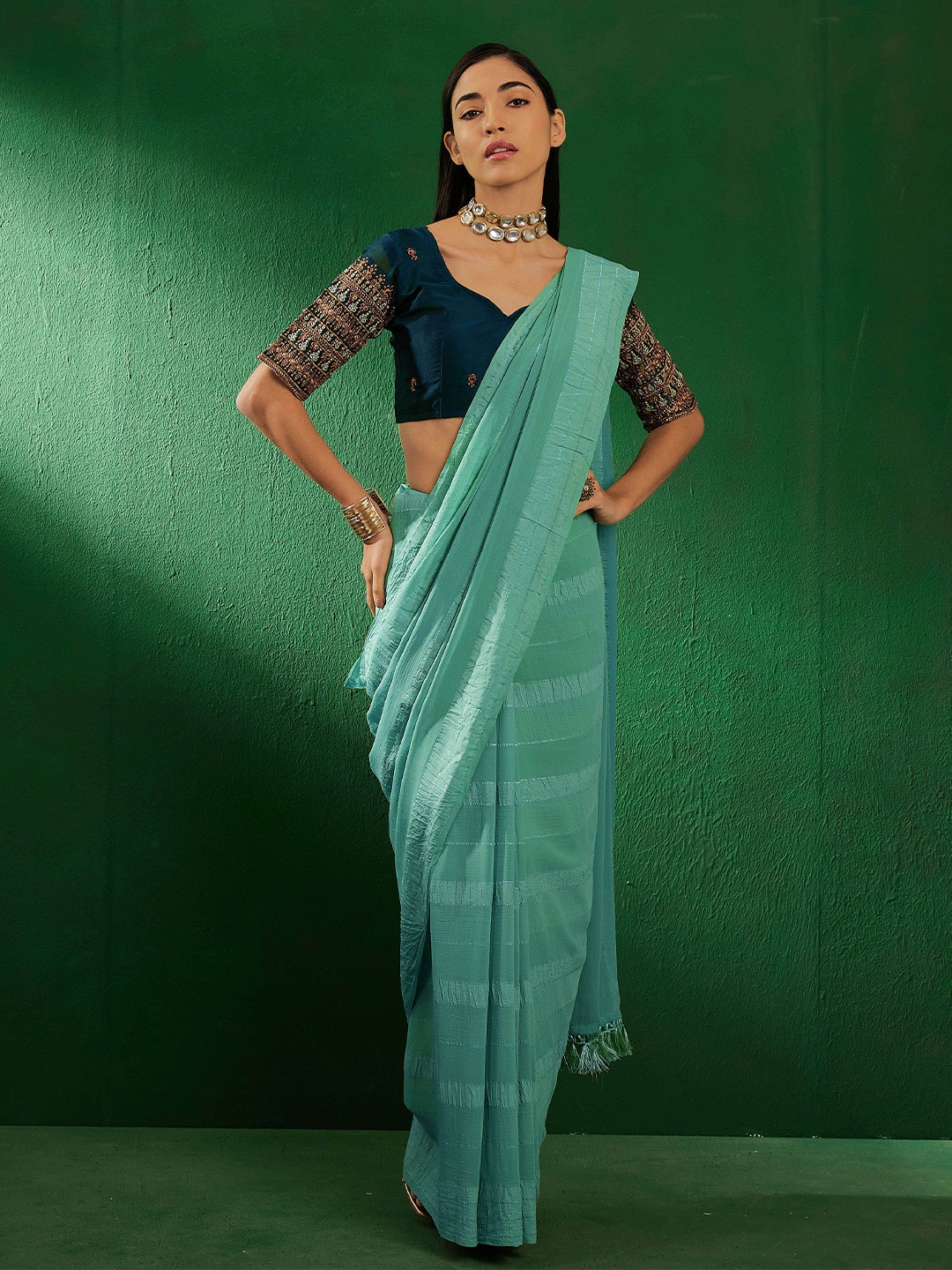 

DIVASTRI Embellished Embroidered Silk Blend Designer Saree, Teal