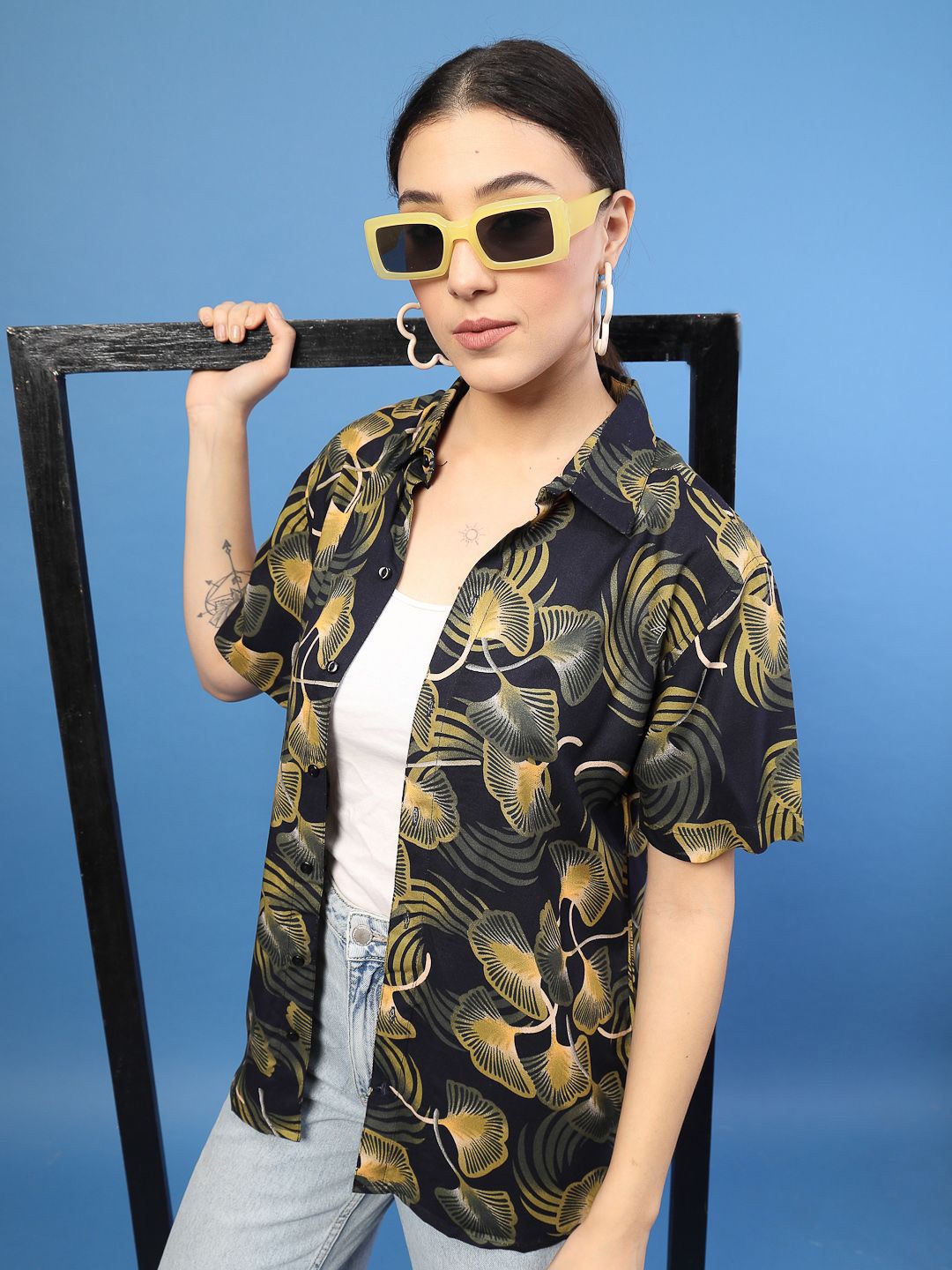 

Rigo Women Relaxed Spread Collar Floral Printed Casual Shirt, Navy blue