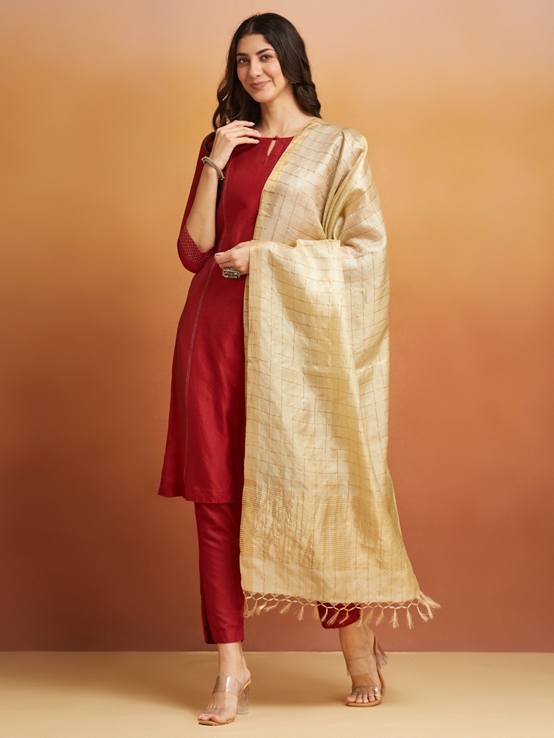 

Fabindia Woven Design Dupatta with Zari, Beige