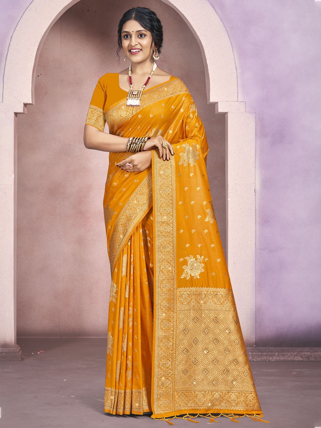 

SANGAM PRINTS Woven Design Zari Silk Tussar Saree, Mustard