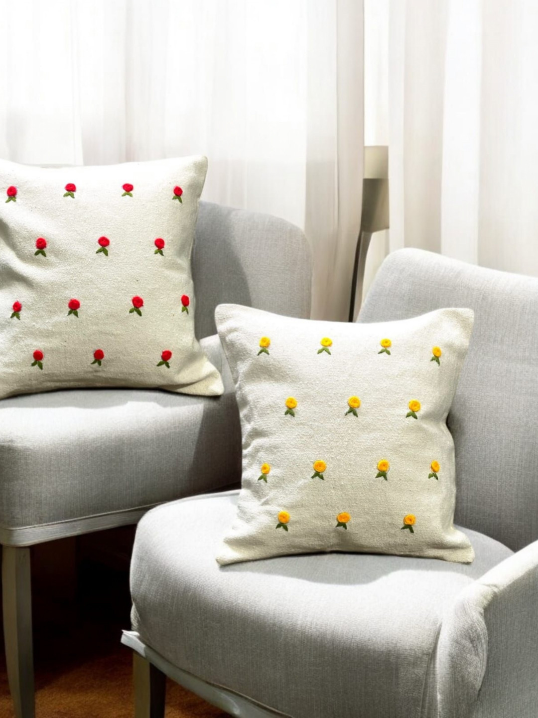 

INTERIORQUOTIENT Red & Yellow 2 Pieces Floral Embroidered Cotton Square Cushion Covers