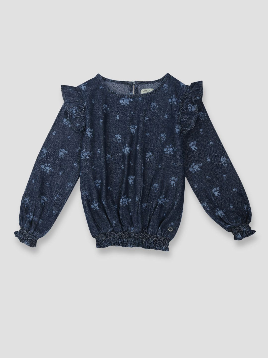 

Gini and Jony Girls Floral Print Bishop Sleeves Ruffles Cotton Denim Top, Blue