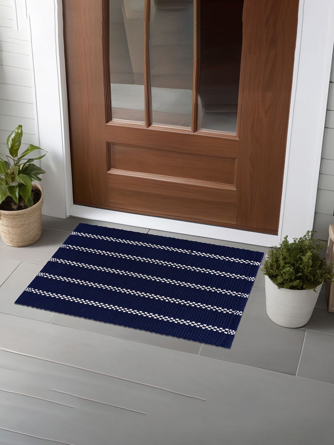 

Kuber Industries Dark Blue & White 3 Pieces Textured Anti-Skid Cotton Door Mats