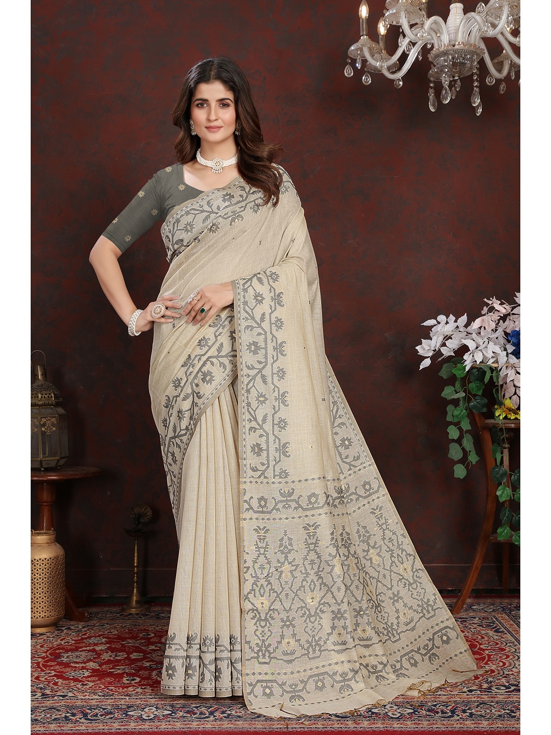 

MAHALASA Ethnic Motifs Pure Cotton Ready to Wear Saree, Grey