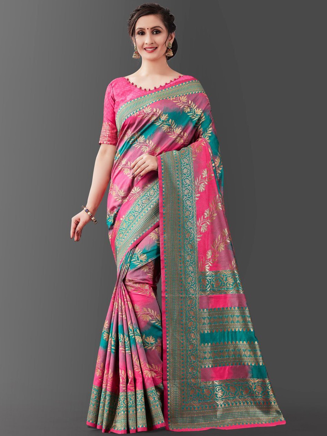 

HANDSEL Woven Design Zari Pure Silk Banarasi Saree, Pink