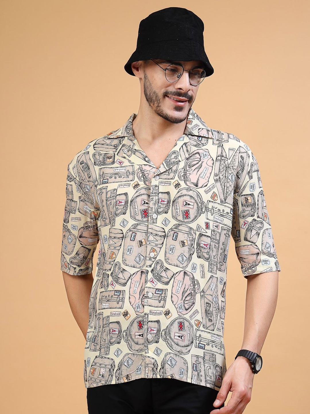 

Vanguard Men Comfort Cuban Collar Abstract Printed Casual Shirt, Beige