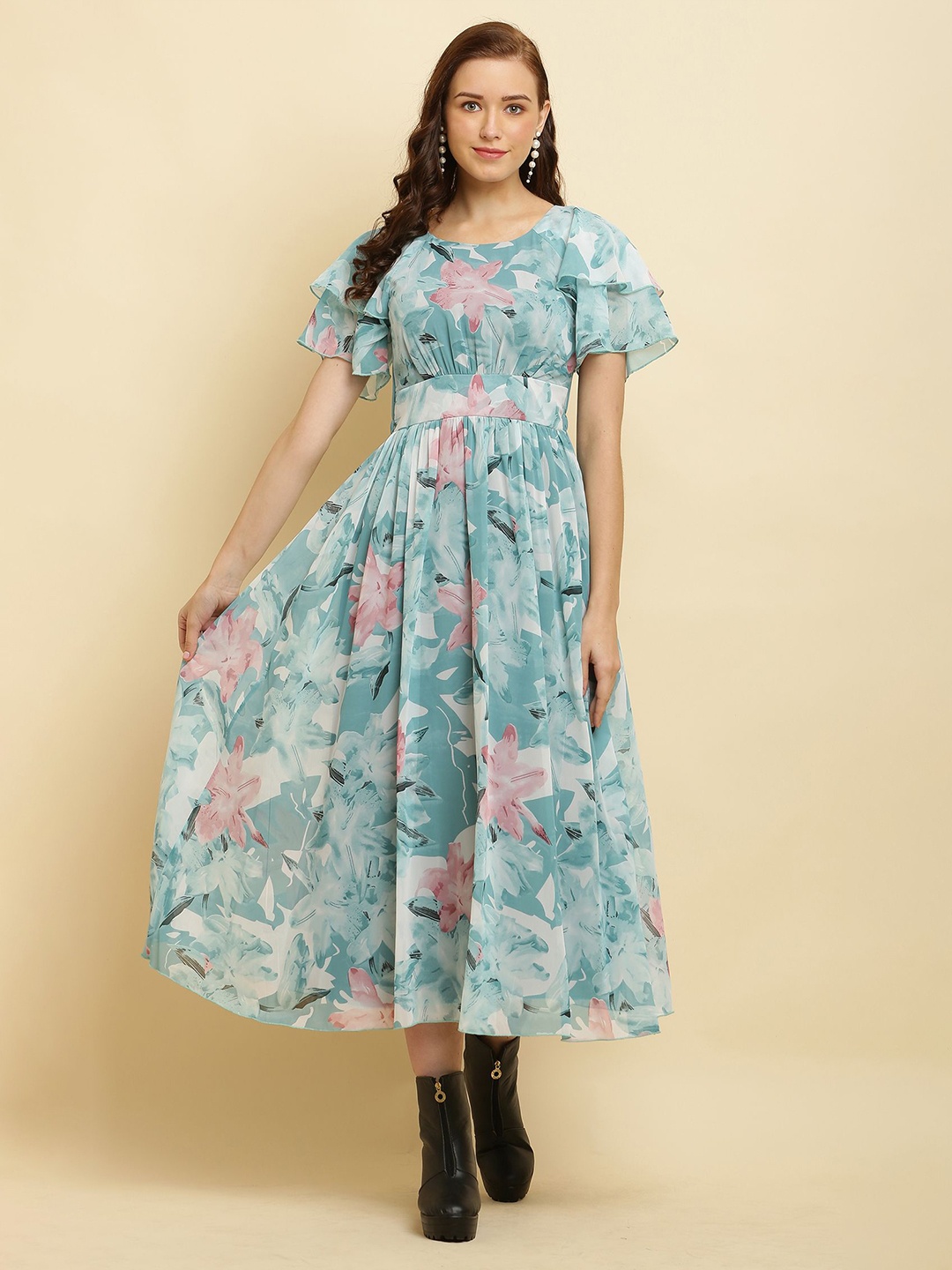

C4D Women Flared Sleeve Ruffled Georgette Fit & Flare Midi Dress, Green