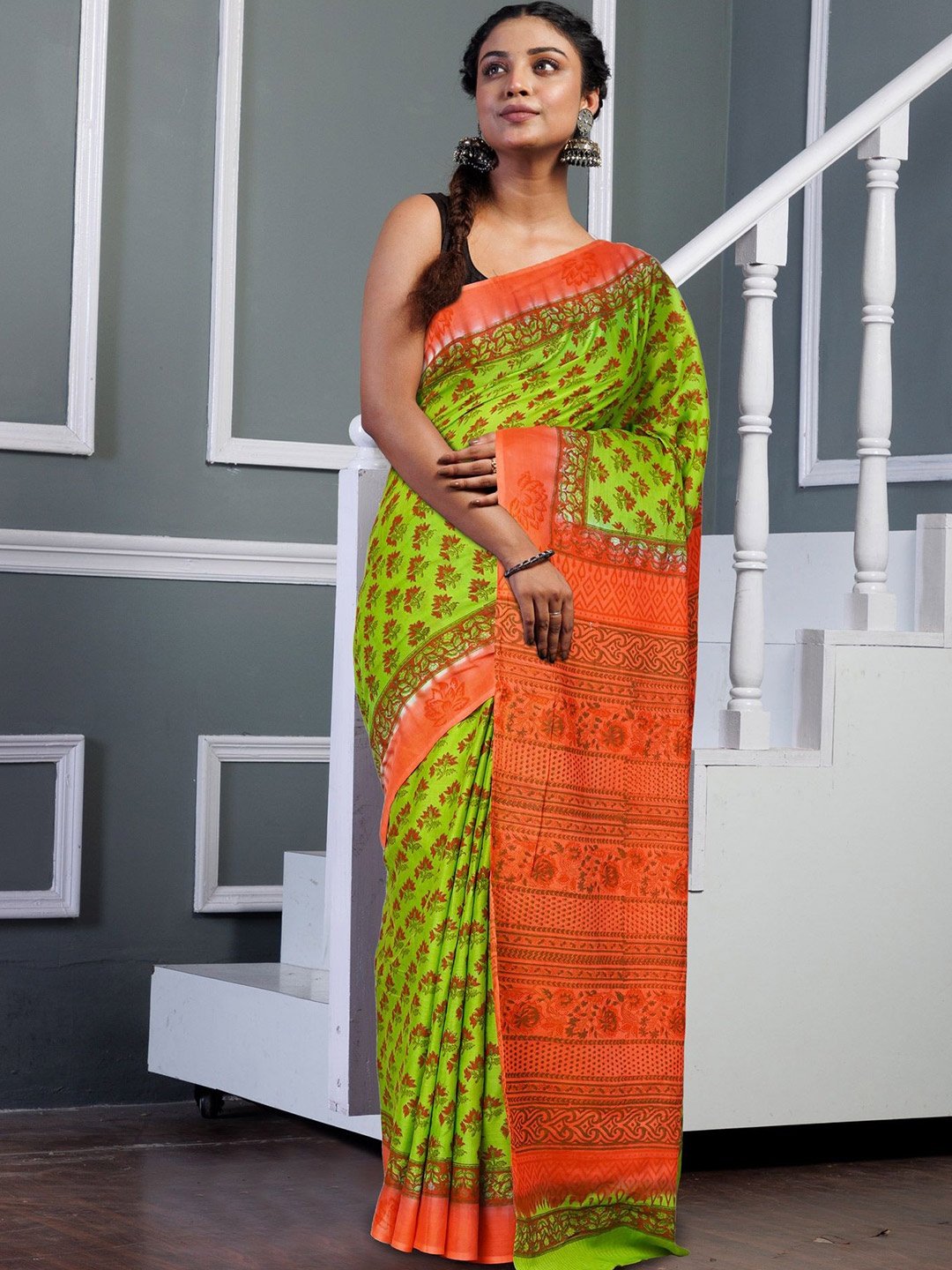 

Unnati Silks Pure Cotton Handloom Block Print Saree, Green