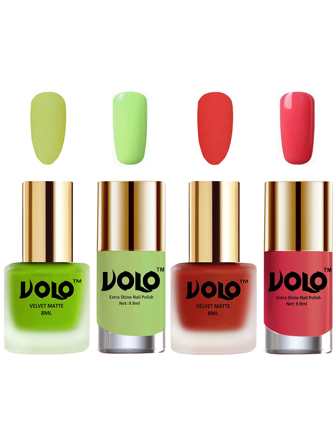 

VOLO Set Of 4 Velvet Matte & Extra Shine Nail Polish-8 ml & 9.9 ml Each Shade 39-44-28-56, Coral