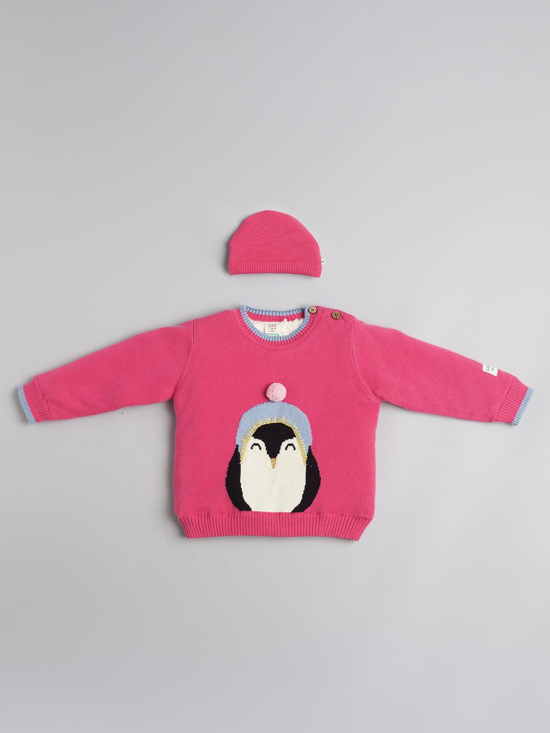 

Ed-a-Mamma Baby Girls Printed Self Design Pullover With Beanie, Pink