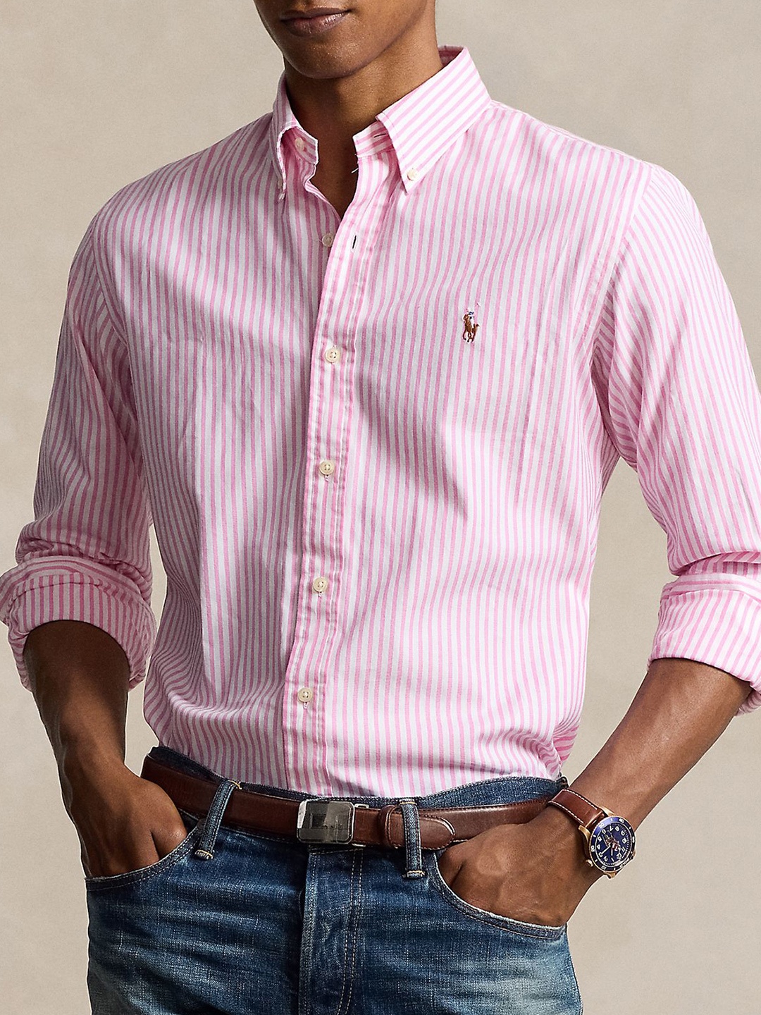 

Polo Ralph Lauren Men Button-Down Collar Multi Striped Cotton Slim Fit Casual Shirt, Pink