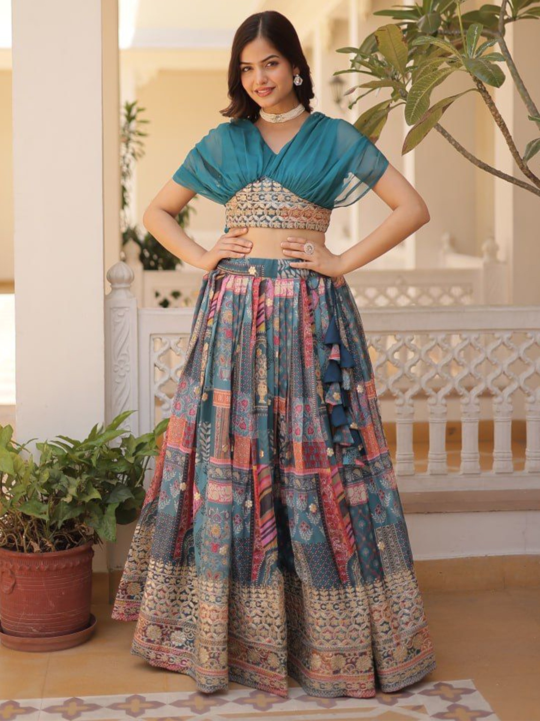 

Fusionic Embellished Ready to Wear Lehenga &, Teal