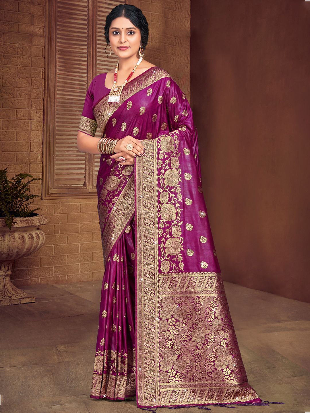 

SANGAM PRINTS Woven Design Zari Silk Blend Tussar Saree, Purple