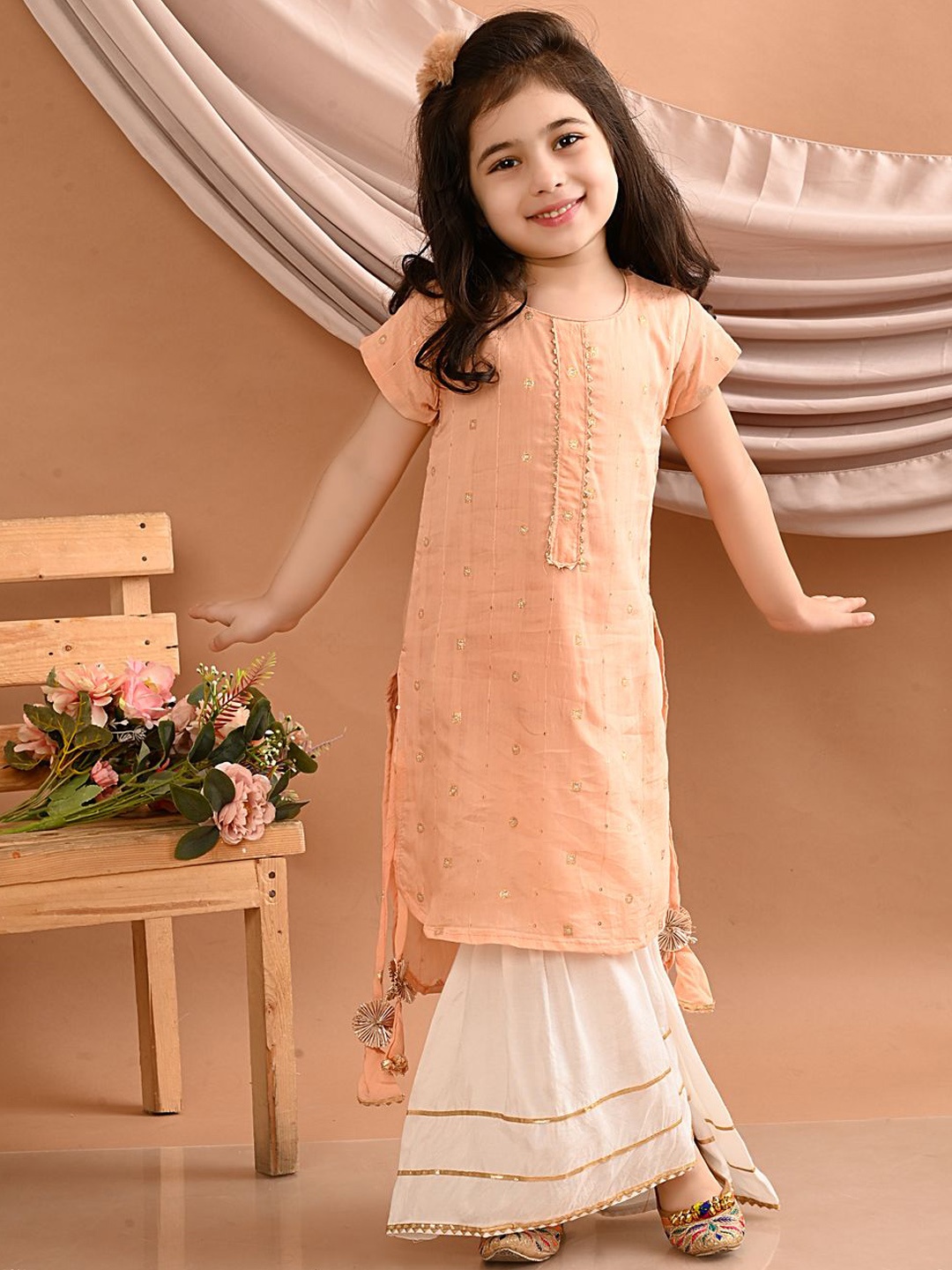 

Here&Now X Kinder Kids Girls Floral Embroidered Gotta Patti Pure Cotton Kurta with Sharara, Peach
