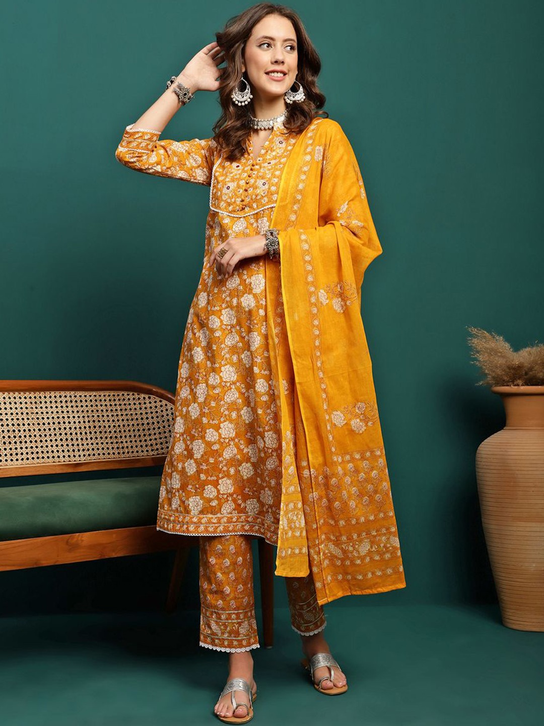 

BANDIA Women Floral Printed Regular Mirror Work Pure Cotton Kurta with Trousers & Dupatta, Mustard