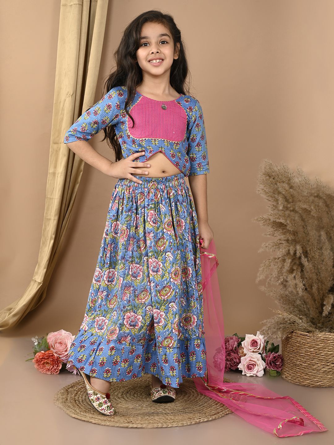 

Here&Now X Kinder Kids Girls Printed Ready to Wear Lehenga & Blouse With Dupatta, Blue