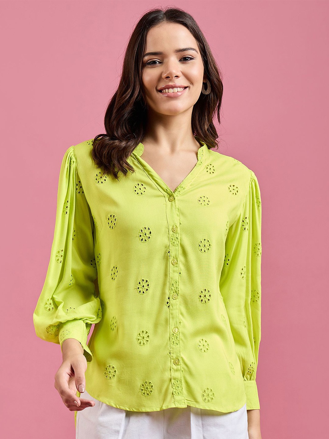 

DressBerry Women Classic Mandarin Collar Textured Casual Shirt, Lime green