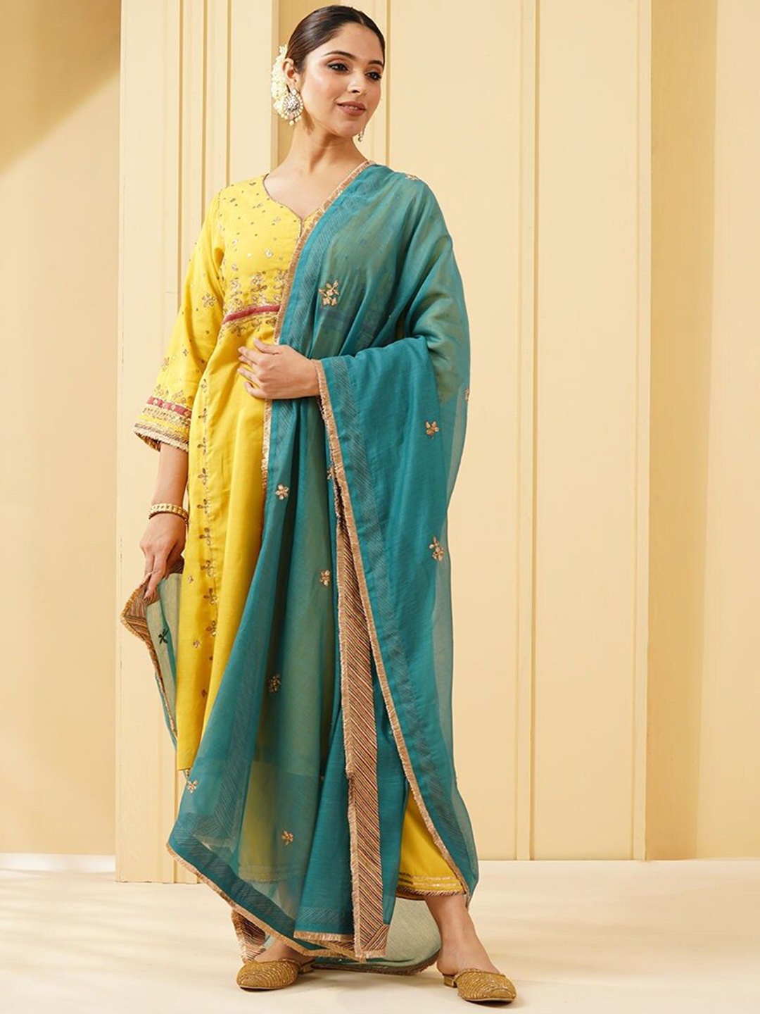 

JAYPORE Ethnic Motifs Embroidered Zari A-Line Kurta With Trouser, Mustard