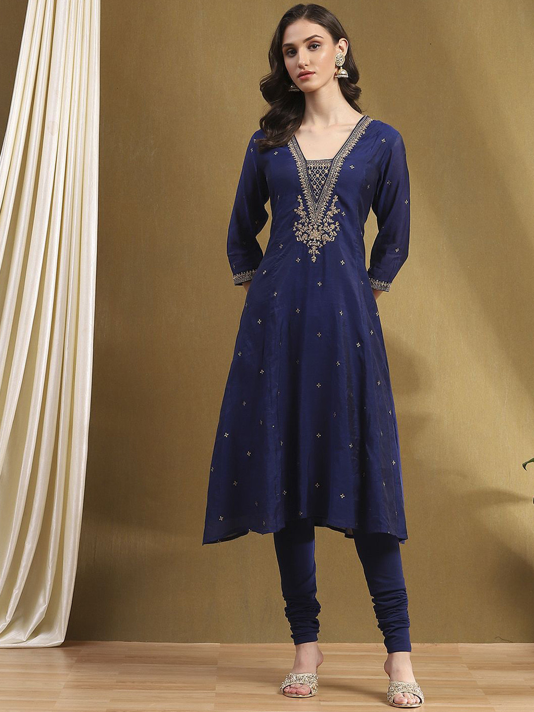 

Biba Women Chanderi Cotton Kurta with Churidar & With Dupatta, Navy blue