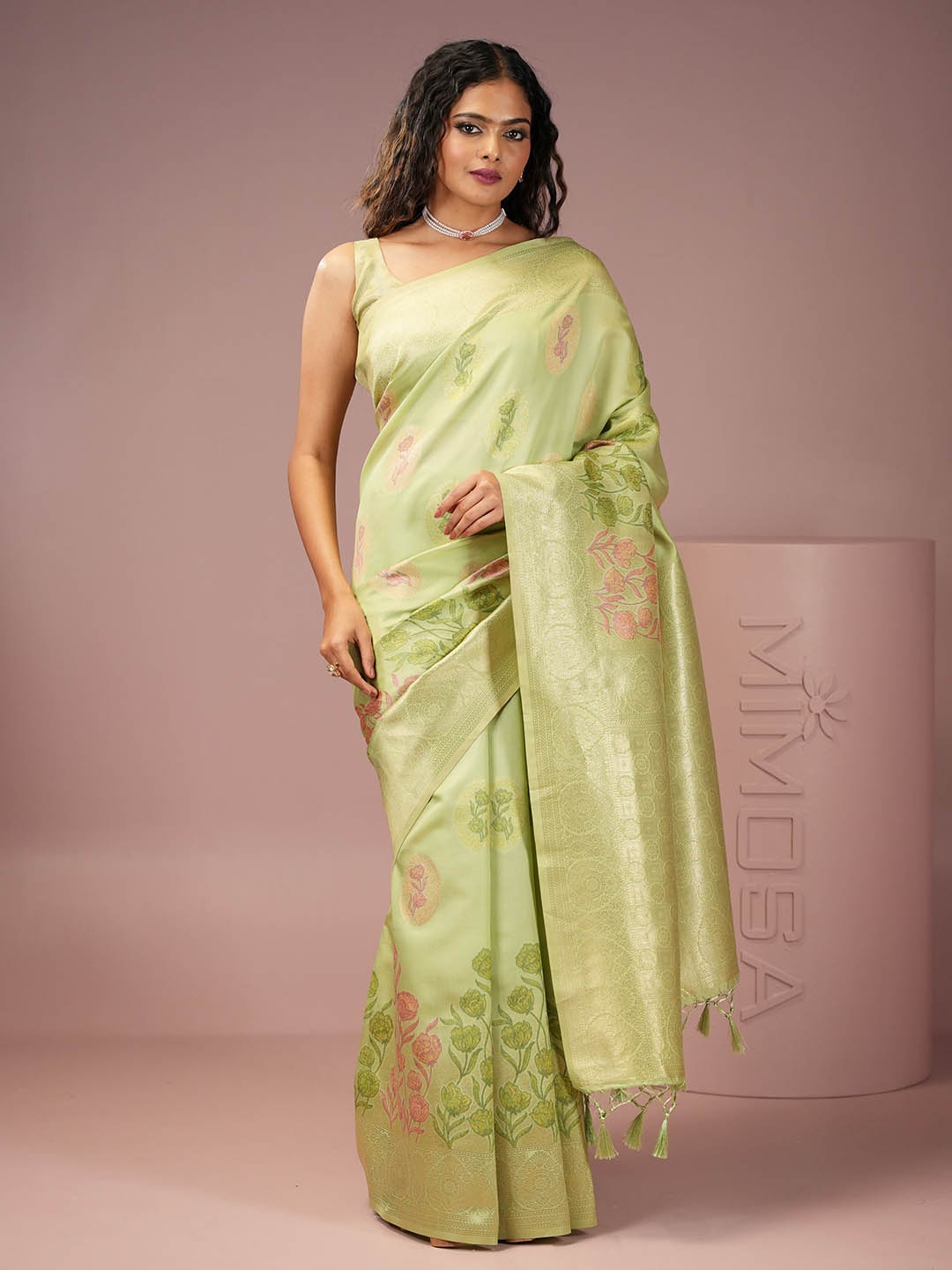 

MIMOSA Floral Woven Design Zari Banarasi Saree, Lime green
