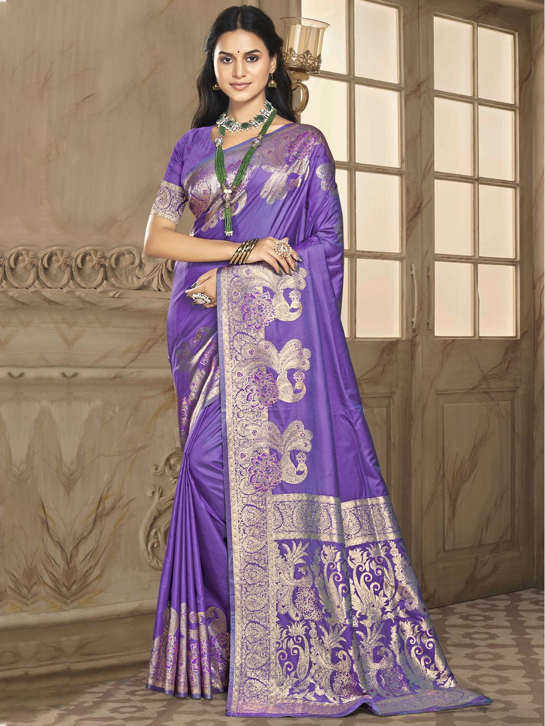 

SANGAM PRINTS Woven Design Zari Silk Blend Tussar Saree, Lavender