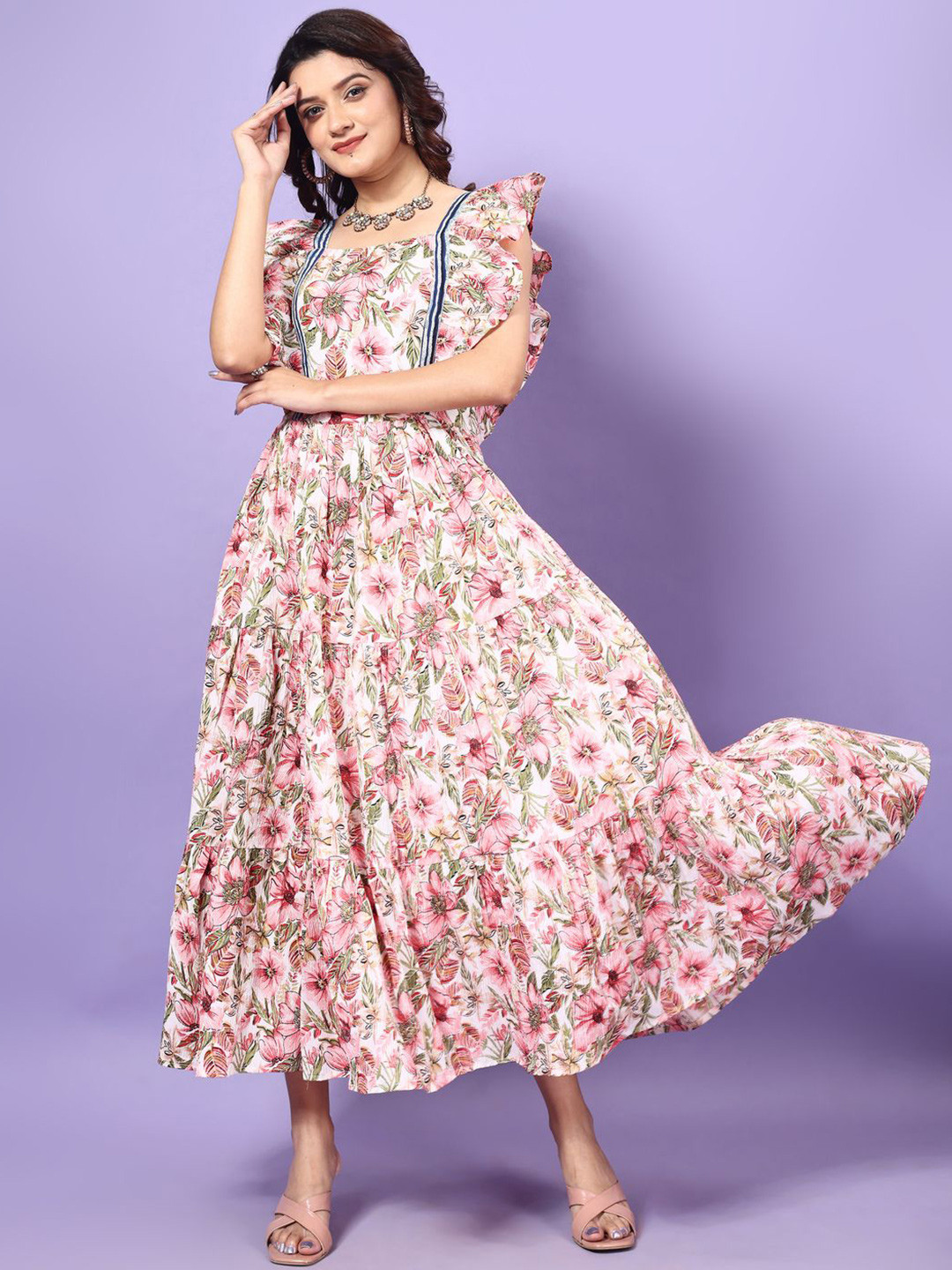 

KALINI Women Floral Printed Square Neck Maxi Dress, White