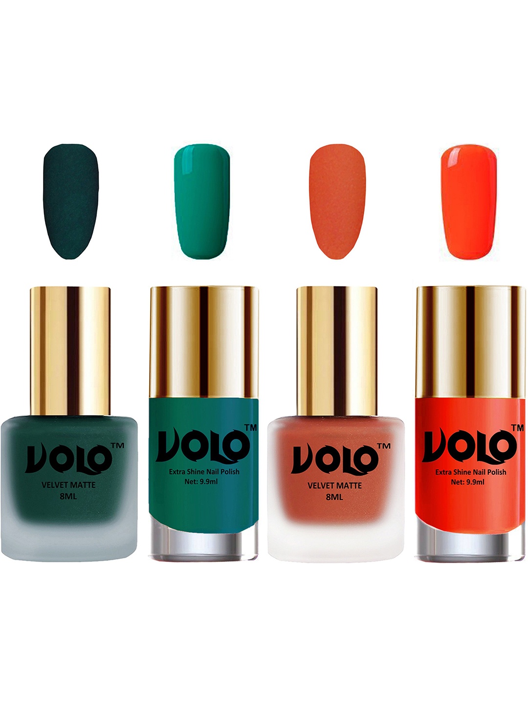 

VOLO Set Of 4 Velvet Matte Nail Polish - 8 ml & 9.9ml Each - Coral-Dark Green-Orange-Green