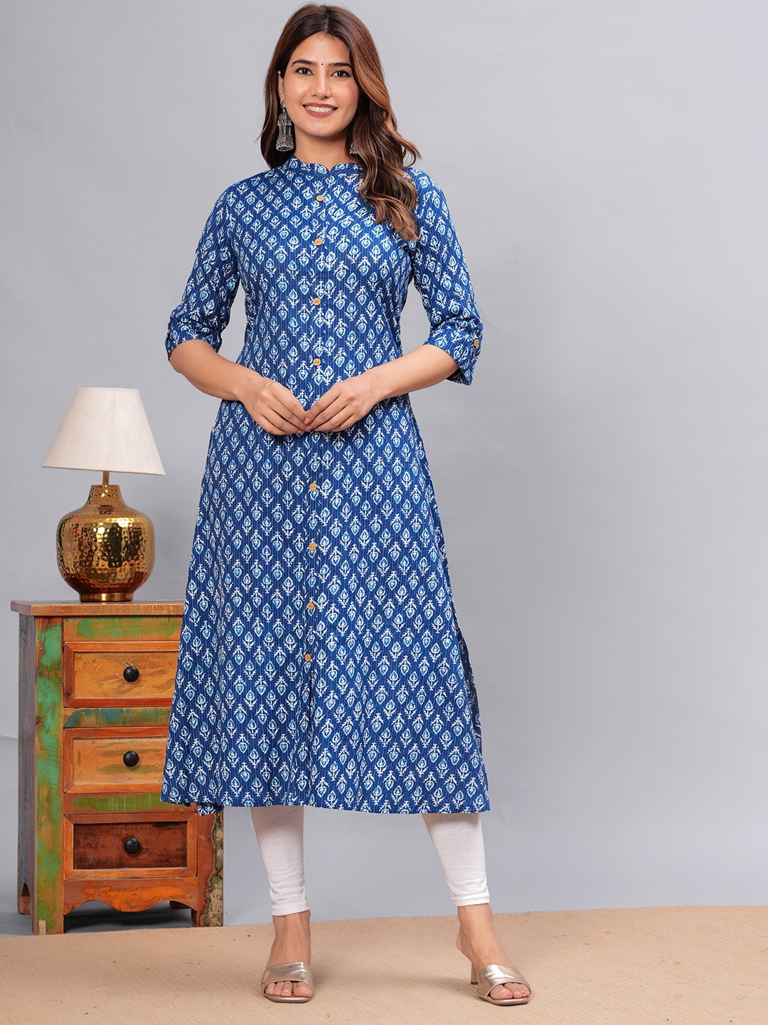 

KALINI Ethnic Motifs Printed Pure Cotton A-LIne Kurta, Blue