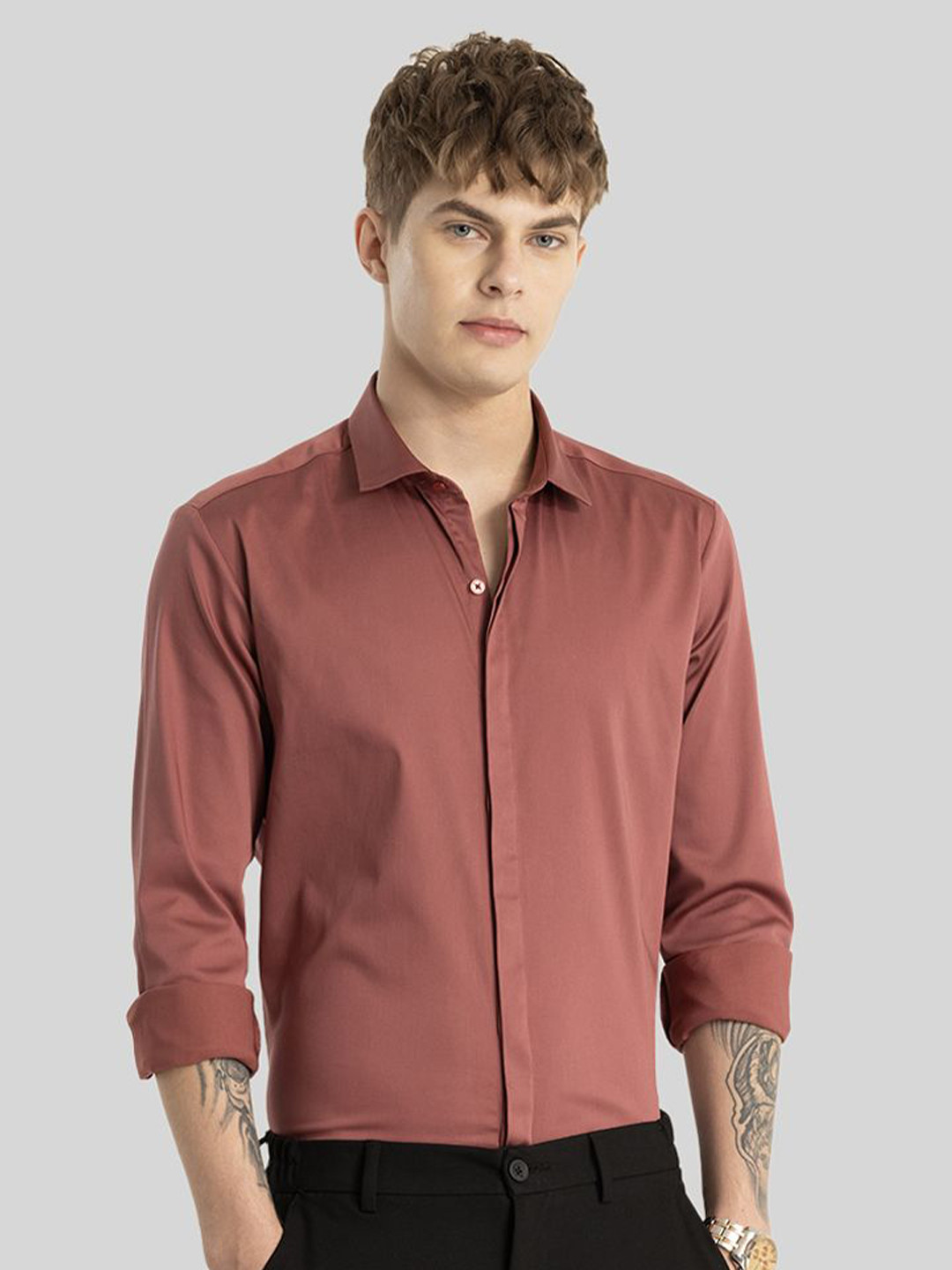 

Snitch Men Smart Spread Collar Solid Cotton Slim Fit Semiformal Shirt, Brown