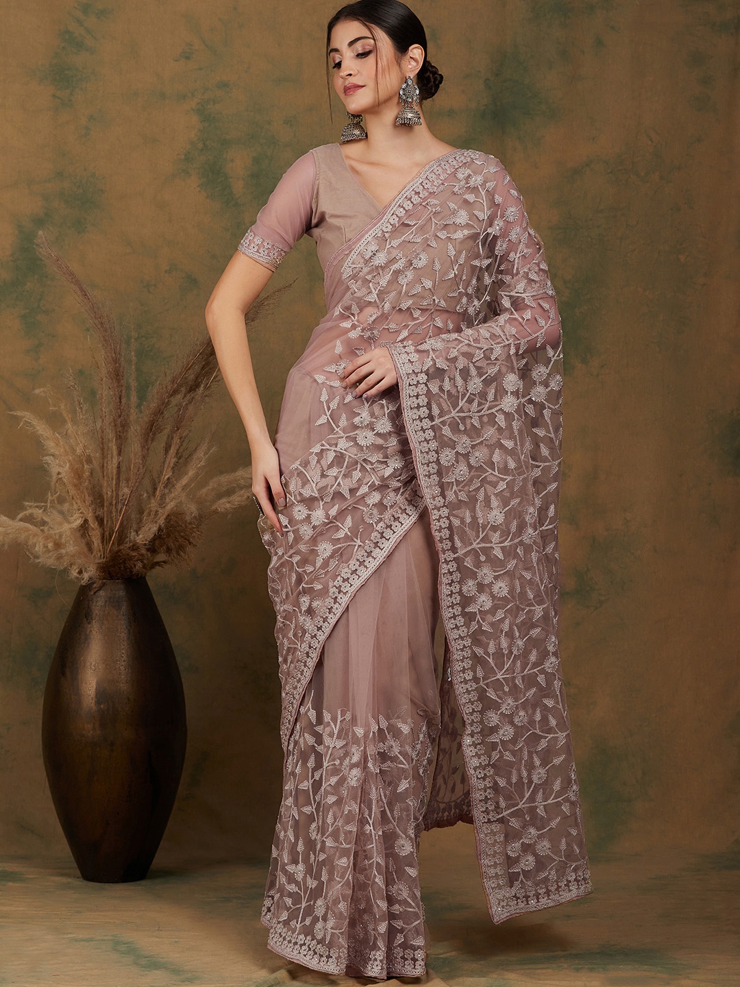 

Maroosh Embellished Beads and Stones Net Saree, Pink